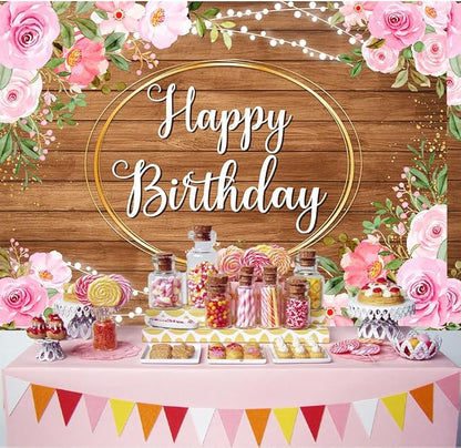 Pink Flowers Happy Birthday Banner Brown Wooden Floral Happy Birthday Backdrop for Women Golden Frame Glitter Lights Photography Background for 20th 30th Women Girl Party Decorations 5.9x3.6Ft