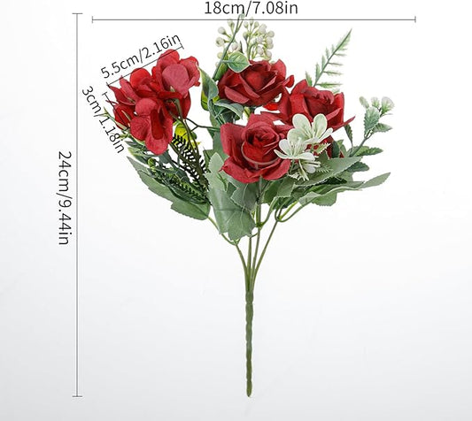 Artificial Flower 5 Branches Artificial Silk Fake Flowers Bouquet Small Roses for Wedding Home Office Tables Decor 4 Packs(Red)
