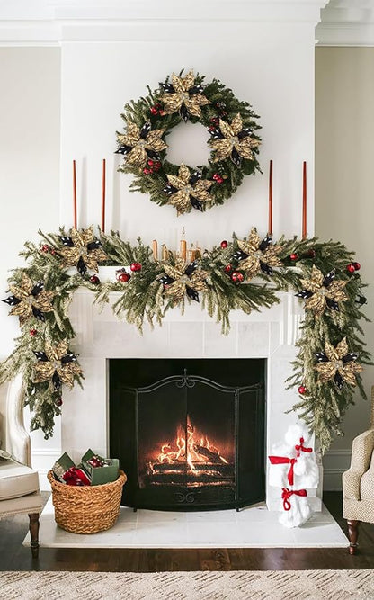 Hollyone 3PCS Poinsettia Christmas Flowers Artificial 11" Large Black and Gold Glitter Poinsettia Flower Christmas Tree Ornaments Floral Picks for Tree Wreath Garland Vase Table Centerpiece Home Decor