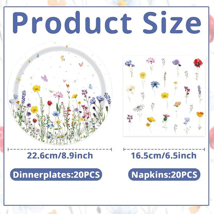 T-Antrix 40 Pcs Wildflower Plates And Napkins Party Supplies, Disposable Floral Wildflower Tableware Set for Spring Summer Picnic Wedding Birthday Tea Party Decoration Baby Shower Serves 20