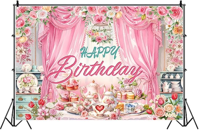 Tea Party Backdrop Let's Partea Happy Birthday Photography Background Wonderland Pink Rose Floral Teapot Women Tea Party Decor Banner Portrait Photo Booth Studio Props 10x7ft FU085YL