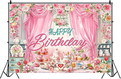 Tea Party Backdrop Let's Partea Happy Birthday Photography Background Wonderland Pink Rose Floral Teapot Women Tea Party Decor Banner Portrait Photo Booth Studio Props 9x6ft FU084YL