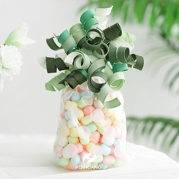 HUIHUANG Green Curly Gift Bows Self Adhesive Sage Green Burst Gift Bow for Gift Wrapping, Birthday, Wedding Baby Shower Party Favors, Wine Bottle, Treat Bags- 6 Counts