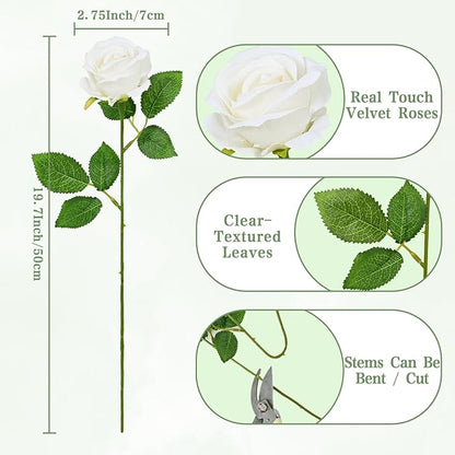 Waipfaru 50 Pcs White Roses Artificial Flowers Bulk, Real Touch Velvet Roses with Wrapping Paper, Fake Flowers for Wedding Centerpieces Bridal Bouquet Valentines Mothers Day Decor