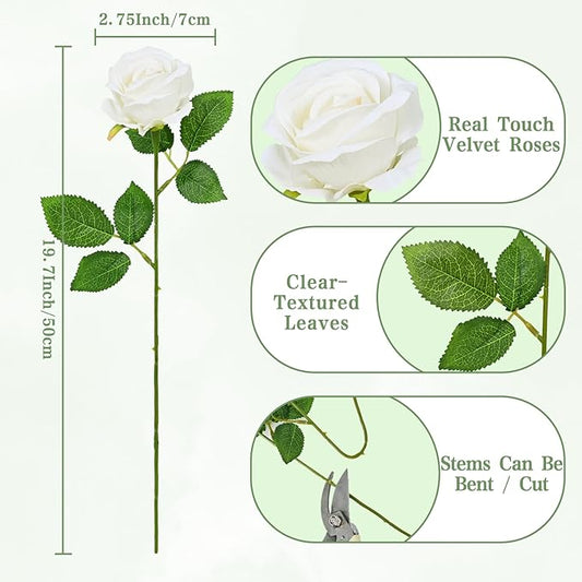 Waipfaru 50 Pcs White Roses Artificial Flowers Bulk, Real Touch Velvet Roses with Wrapping Paper, Fake Flowers for Wedding Centerpieces Bridal Bouquet Valentines Mothers Day Decor