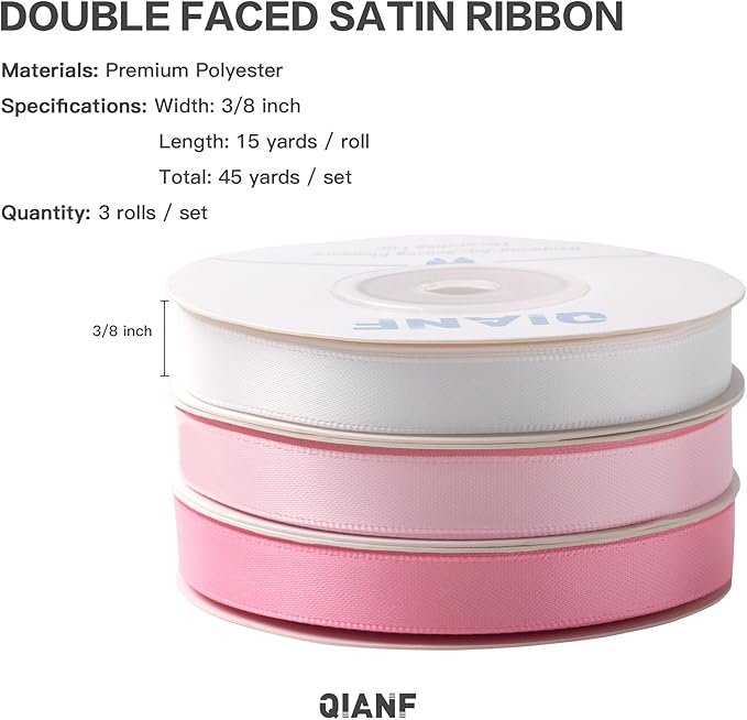Pink Double Face Satin Ribbon 3/8 Inch x 45 Yards White Fabric Ribbon for Gift Wrapping, Flower Bouquets, Hair Bows Making, Wedding Decoration, Invitation Cards, Christmas (3 Rolls *15Yd)
