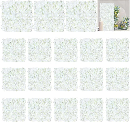 White Flower Wall Panels Backdrop with Green: Wedding Artificial Flower Wall Backdrop Hydrangea Floral Wall for Bridal Shower Party Decoration (18 Pcs 15 x 15 Inch)