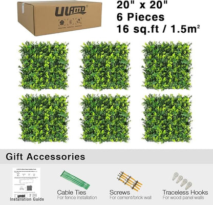 ULAND Artificial Grass Wall, 6pcs 20"x20" Faux Greenery Foliage Panels, Outdoor Green Plant Décor for Privacy Fence