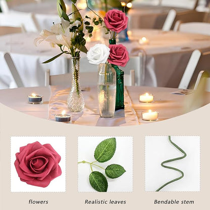 200PCS Burgundy & White Artificial Flowers Roses Real Looking Foam Fake Roses with Leaves for DIY Wedding Bouquets Bridal Shower Party Decorations (Wine red & White, 200)