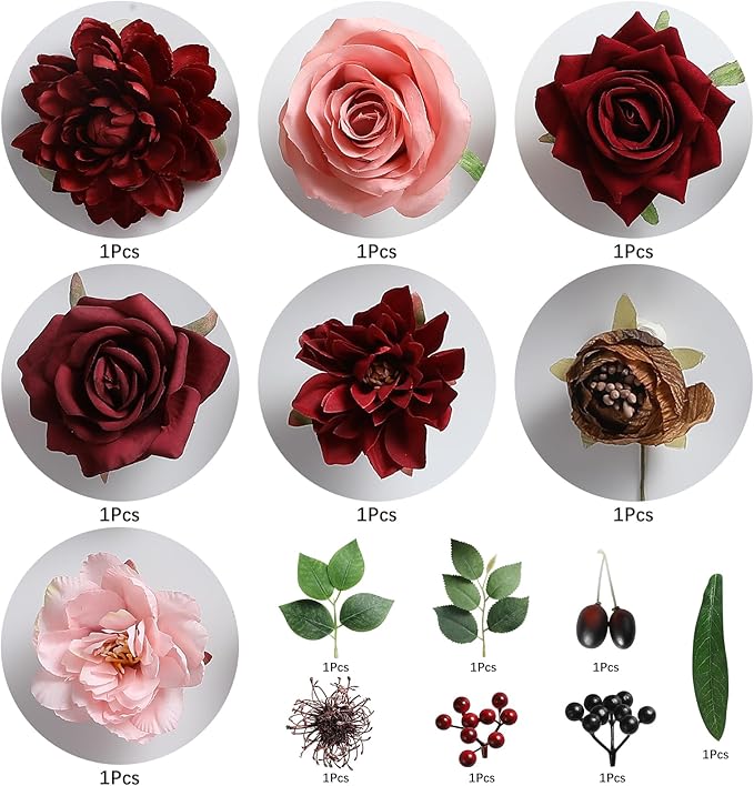 Artificial Flowers Combo Box Set Burgundy Silk Flowers for DIY Wedding Bouquet Arrangements Bridal Shower Party Home Decorations (Mature Burgundy)