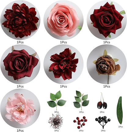 Artificial Flowers Combo Box Set Burgundy Silk Flowers for DIY Wedding Bouquet Arrangements Bridal Shower Party Home Decorations (Mature Burgundy)