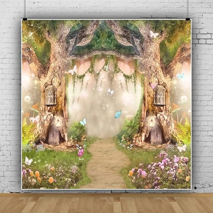 Leowefowa 10x10ft Vinyl Birthday Backdrops Fairy Tale Forest Enchanted Flower Baby Shower Photo Backgrounds for Birthday Party Photoshoot Newborn Baby Kids Children Studio Props Photography Banner