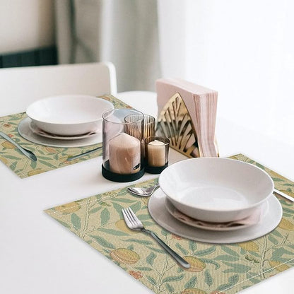 Vintage Floral Placemats Set of 6, William Morris Retro Fruit Boho Botanical Plant Place Mats, Heat Resistant Non Slip Cotton Linen Dining Table Mats for Home Kitchen Party 18x12 Inch