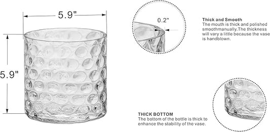 6" Wide 6" High Decorative Glass Cylinder Vase with Dimpled Circle Pattern, 8 Inch Tall, Clear (1, 6"x6")