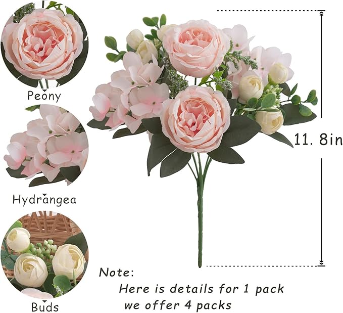 4 Bunches Artificial Flowers Pink Peonies for Decoration Silk Flowers Fake Roses Arrangements Plastic Table Centerpiece Faux Flores for Home Vase Living Room Decor