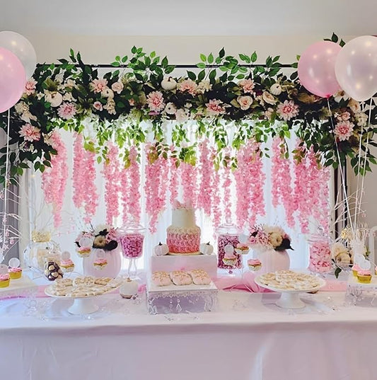 Artificial Wisteria Hanging Flowers Fake Wisteria Flower Garland Silk Vines Rattan Decor for Home Wedding Arch Wall Garden Greenery Bedroom Outdoor Office Party Decoration (12, Dark Pink)