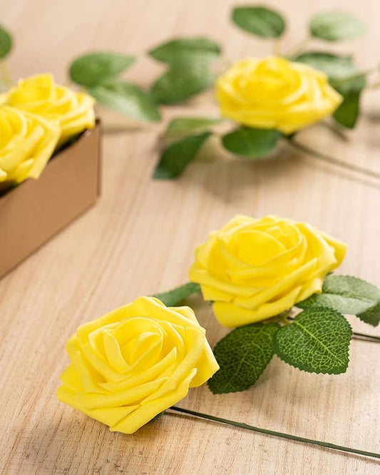 DuHouse 25Pcs Artificial Roses Flowers Fake Roses with Stems Real Touch Foam Flowers for DIY Wedding Bouquet Baby Shower Centerpiece Floral Arrangement Party Home Decor(Yellow)