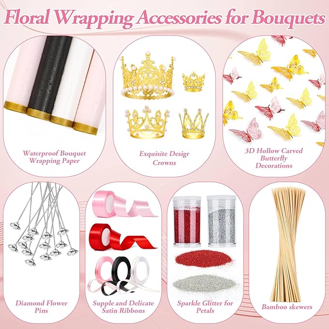 449Pcs Flower Bouquet Wrapping Accessories with Floral Wrapping Paper Gold Crowns Butterfly Decorations Gem Pins and Wooden Sticks, Ribbons for Money Bouquet Mother's Day Baby Shower Graduation