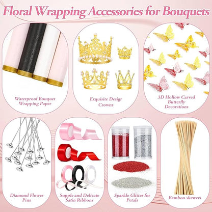 449Pcs Flower Bouquet Wrapping Accessories with Floral Wrapping Paper Gold Crowns Butterfly Decorations Gem Pins and Wooden Sticks, Ribbons for Money Bouquet Mother's Day Baby Shower Graduation