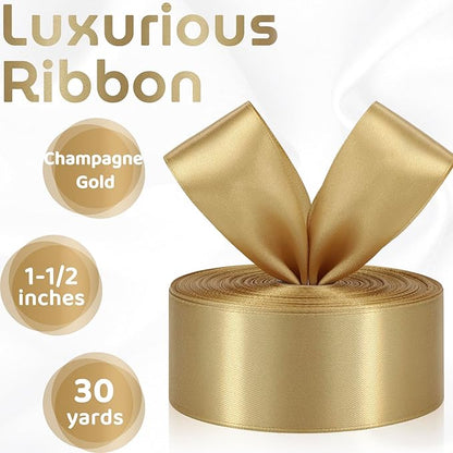 Champagne Gold Ribbon 1-1/2 Inch 30 Yards Gold Satin Ribbon for Floral Bouquets Wedding Gift Wrapping Crafts Hair Christmas Party