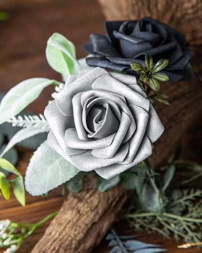 DuHouse 25Pcs Artificial Roses Flowers Fake Roses with Stems Real Touch Foam Flowers for DIY Wedding Bouquet Baby Shower Centerpiece Floral Arrangement Party Home Decor(Silver Grey)
