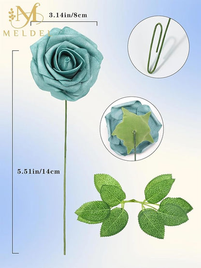 Meldel Artificial Flowers 25pcs Real Looking Dark Teal Foam Fake Roses with Stems for DIY Wedding Bouquets Bridal Shower Centerpieces Floral Arrangements Home Decorations Crafts Rose