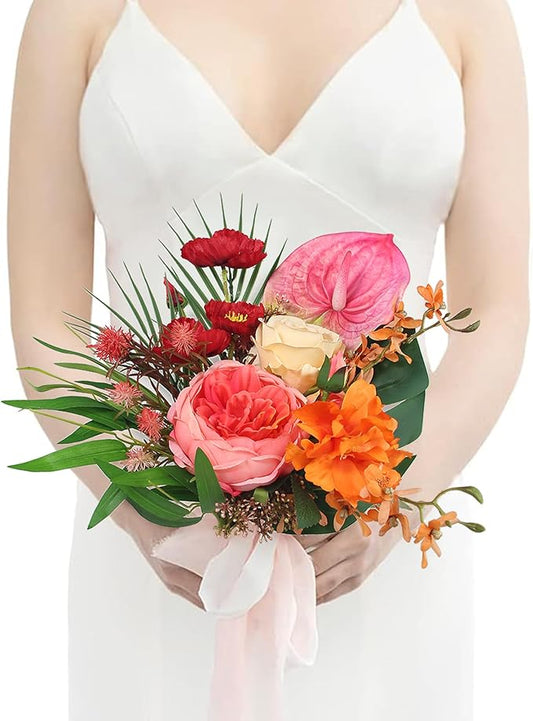 Rinlong 1Pc Tropical Flowers Wedding Bouquets for Bridesmaids Bride Orange Pink Bridesmaid Bridal Bouquet for Beach Wedding Prom