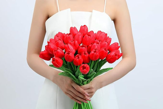 20pcs Red Tulips Artificial Flowers Fake Silk Tulips Real Touch Flowers for Spring Kitchen Wedding Home Decor Arrangements Easter Decor 14 Inch