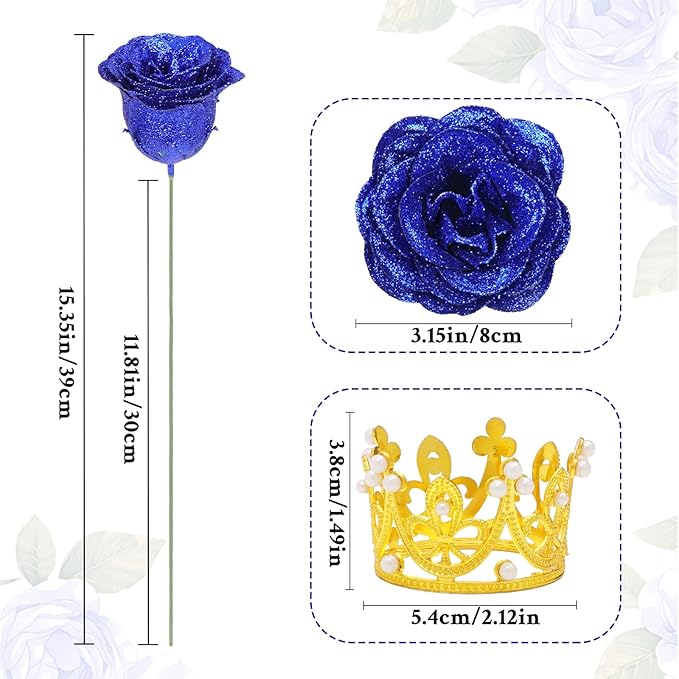 Waipfaru 24 Pcs Glitter Roses Bouquet, DIY Fake Flowers Bouquet, Artificial Blue Rose Bouquet for Valentines, Mothers Day Gifts, Anniversary, Engagement, Wedding