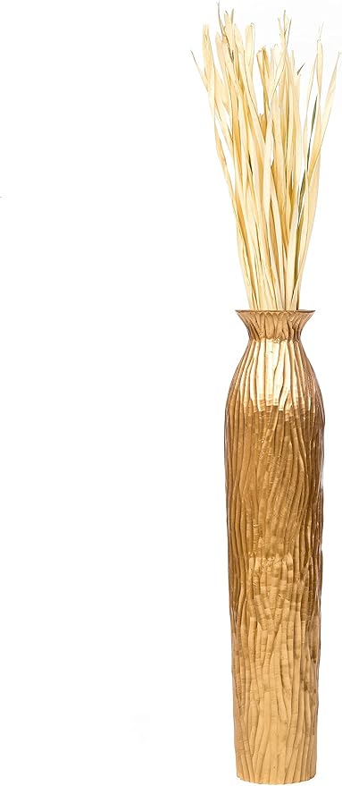 LEEWADEE Large Floor Vase – Handmade Flower Holder Made of Wood, Sophisticated Vessel for Decorative Branches and Dried Flowers, 36 inches, Golden
