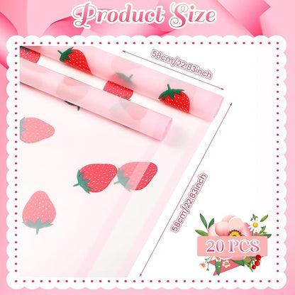 Liobelon 20 Sheets Flower Wrapping Paper Waterproof Bouquet Paper with Strawberry Pattern Pink Gift Wrapping Paper for Flower Shop, Wedding, Birthday Party, Handmade DIY, Anniversary 22.8 x 22.8Inch