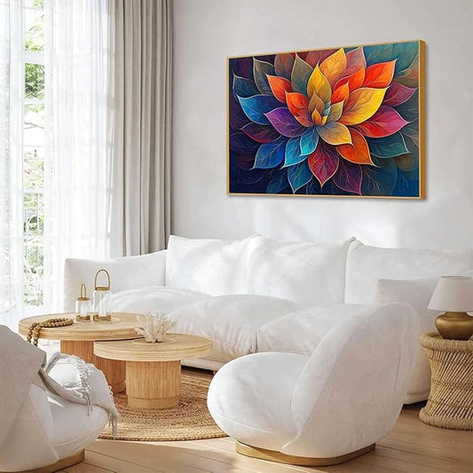 Colorful Flower Canvas Wall Art, Abstract Floral Canvas Prints, Lotus Blossom Pictures Wall Decor, Zen Painting, Yoga Studio Wall Decor (Gold Framed, 23"Wx17"H/60x45cm)