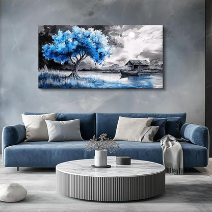 PHAOHUAXM Wall Art For Living Room Large Wall Decor For Bedroom Black White And Blue Trees Wall Pictures Artwork Restaurant Office Frame Printing Canvas Artwork Modern Home Decor Aesthetic 24x48 in