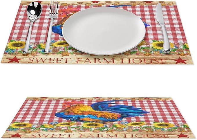 Rooster Placemats,Farm Vintage Rustic Farmhouse Lattice Sunflower Flower Chicken Animal Print Washable Fabric Placemats Table Kitchen Dining Party 12x18 Inch Set of 6