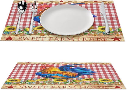 Rooster Placemats,Farm Vintage Rustic Farmhouse Lattice Sunflower Flower Chicken Animal Print Washable Fabric Placemats Table Kitchen Dining Party 12x18 Inch Set of 6