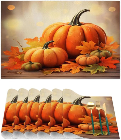 Thanksgiving Fall Pumpkin Placemats Set of 4 PVC Vinyl Non Slip Table Mats Heat Resistant Place Mats Washable Wipeable Dining Table Mat for Kitchen Decor Party Indoor Outdoor Decorative Gift