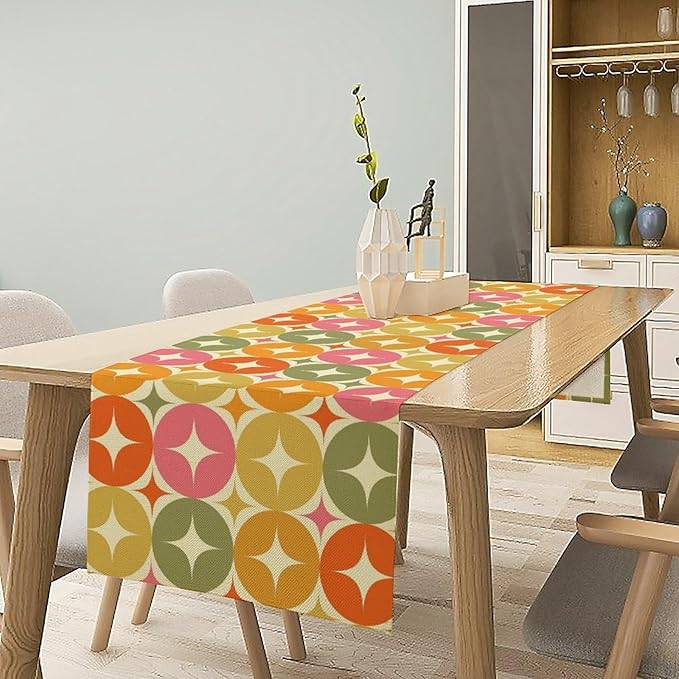 Mid Century Table Runner, Flag Retro Atomic Starburst 1950s Abstract Geometric Space Tabletop Decoration for Home Kitchen Restaurant Table Flag 13x120 Inch