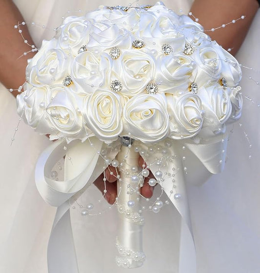 Bridal Wedding Bouquet Round Bling Brooch Bouquet Throw Toss Artificial Rose Flower Bunch for Bride Bridesmaid Wedding Quinceanera(Ivory, 7.5")