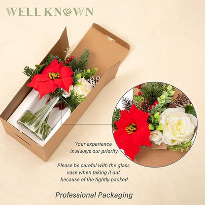 Artificial Flowers in Vase, Christmas Flower Bouquet Coffee Table Centerpieces with Faux Water for Winter Home, Fake Silk Poinsettia & Pinecorn Arrangement for Xmas Party Decor Gift (Red & Green)