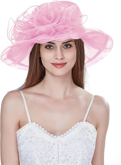 Organza Derby Hats for Women Wide Brim Fascinator Hat Rose Flower Wedding Tea Party Hat