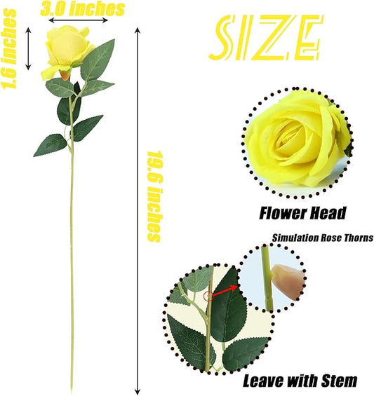 SITUMEIZI 15PCS Yellow Artificial Roses Silk Flowers Fake Roses Realistic Bouquet Long Stem with Gift Box for Mother's Gift Day Home Party Wedding Decorations