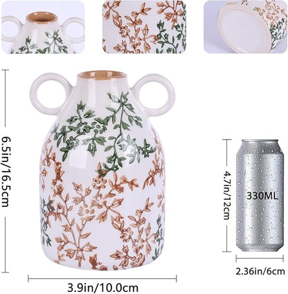 Rustic Green Ceramic Vase with Handle, Nordic Boho Small Vases Side Table Flower Centerpiece, Wide Mouth Single Flower Vase Pampas Grass Decorative - for Home Window Sill Living Dining Room Kitchen