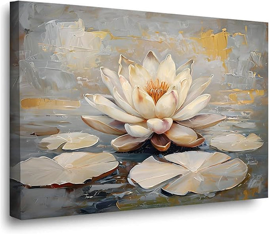 Ethereal white lotus floating on Crystal Waters poster vintage oil painting printwall art soft blush and gold accents serene home and office decor dreamy 16x24in Wood Framed