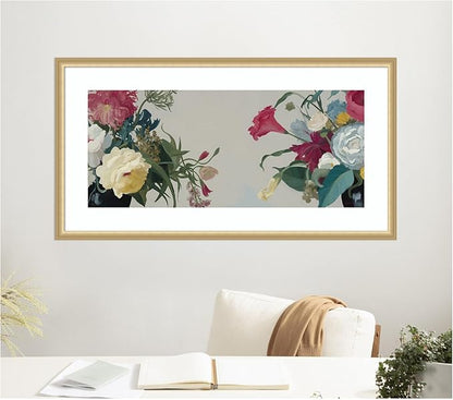 Kate and Laurel Framed Wall Art Print Romantic Blooms by Mary Sparrow, 42 x 22, Florence Gold Frame, Traditional, Flower Art for Wall Decor