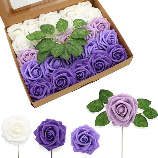 Artificial Flowers Realistic Roses, 25pcs Purple & White Real Looking Fake Roses with Stem for DIY Wedding Bouquets Centerpieces Bridal Shower PartyRomantic Decorations (25pcs, Shades of Purple)