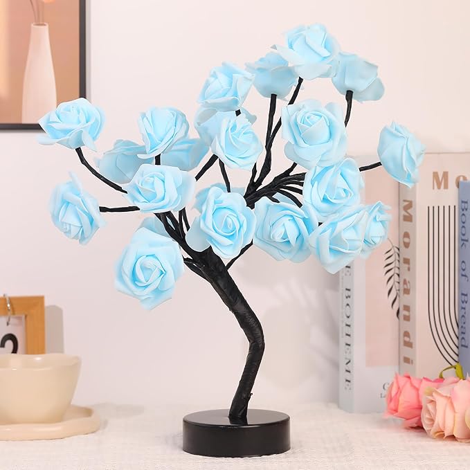 Drawelry Rose Flower Tree Lamp - LED Rose Tree Table Lamp USB/Battery Powered Artificial Bonsai Flower Night Light for Bedroom Living Room Party Wedding Birthday Decor (Blue)