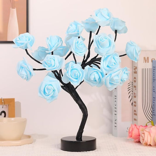 Drawelry Rose Flower Tree Lamp - LED Rose Tree Table Lamp USB/Battery Powered Artificial Bonsai Flower Night Light for Bedroom Living Room Party Wedding Birthday Decor (Blue)