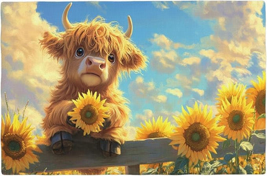 Cute Highland Cow Placemats Set of 4 Washable Table Mats Summer Yellow Sunflower Heat-Resistant Cotton Linen Place Mats for Dining Table Kitchen Indoor Outdoor Party Holiday Decor