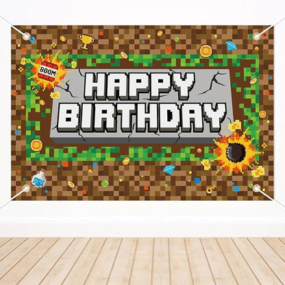 Pixel Birthday Backdrop Banner, 5x3ft/150x100cm Video Game Theme Happy Birthday Backdrop Decoration for Pixel Theme Kids Game Party Decoration Supplies