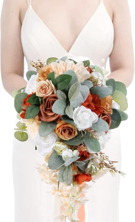 Wedding Bouquet, 11 Inch Terracotta Wedding Decor Artificial Flowers Bridal Bouquet Cascading Wedding Bouquets for Bride for Wedding Ceremony and Anniversary(Chic Terracotta)